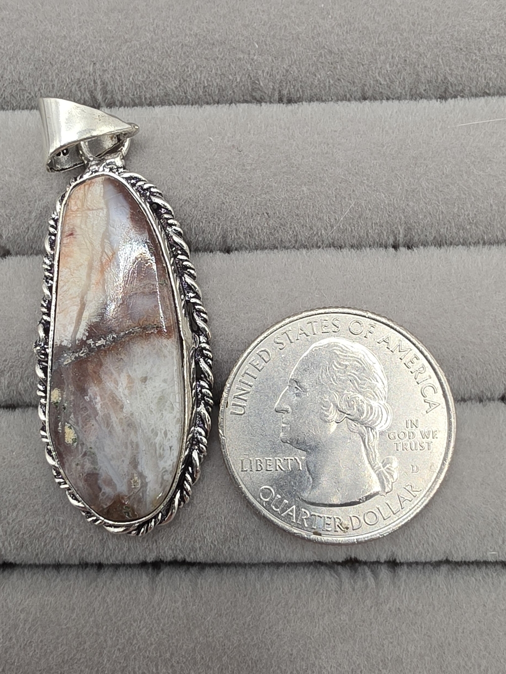Silver Plated Brown and Cream Jasper Pendant Necklace